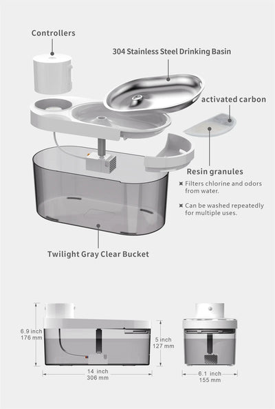 Pet Water Fountain, 135oz/4L Stainless Steel Ultra-quiet Pump with 3 work modes Visual Cordless Automatic Sensor