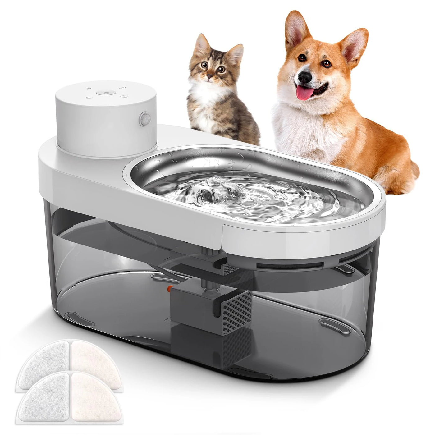 Pet Water Fountain, 135oz/4L Stainless Steel Ultra-quiet Pump with 3 work modes Visual Cordless Automatic Sensor