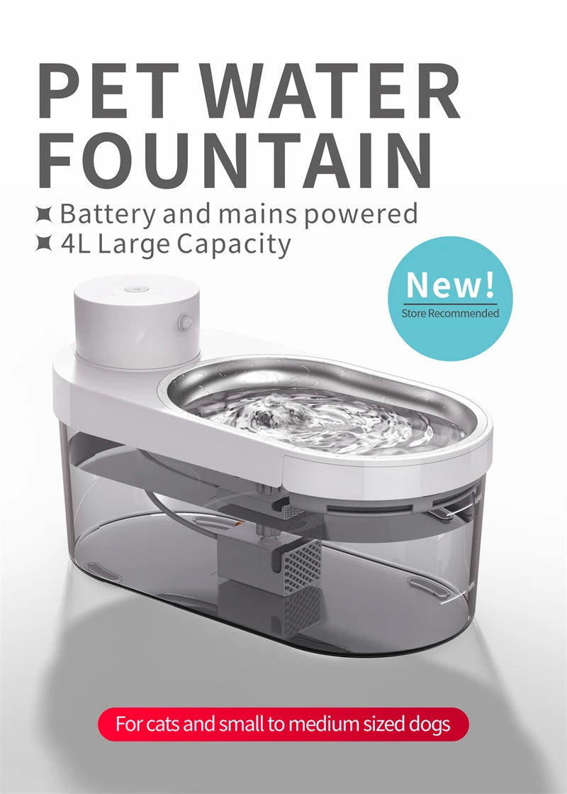 Pet Water Fountain, 135oz/4L Stainless Steel Ultra-quiet Pump with 3 work modes Visual Cordless Automatic Sensor