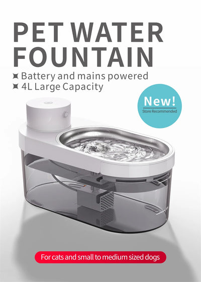 Pet Water Fountain, 135oz/4L Stainless Steel Ultra-quiet Pump with 3 work modes Visual Cordless Automatic Sensor