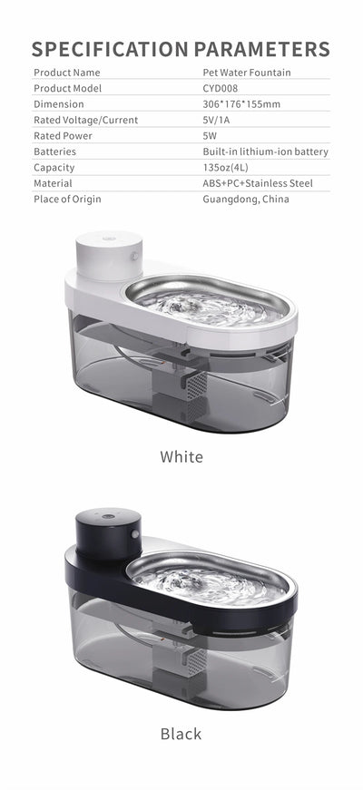 Pet Water Fountain, 135oz/4L Stainless Steel Ultra-quiet Pump with 3 work modes Visual Cordless Automatic Sensor